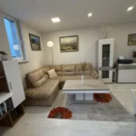 Šviesi svetainė su virtuve bute Klaipėdos centre pilnai įrengtas penthouse