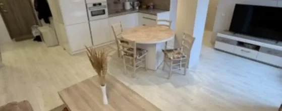 Šviesi svetainė su virtuve bute Klaipėdos centre pilnai įrengtas penthouse