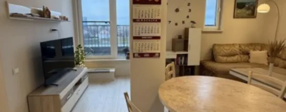 Šviesi svetainė su virtuve bute Klaipėdos centre pilnai įrengtas penthouse