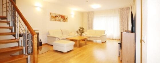 Erdvi svetainė su virtuve parduodamame sublokuotame name Klaipėdoje