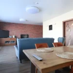 svetainė su skandinavišku židiniu ir aukštomis lubomis