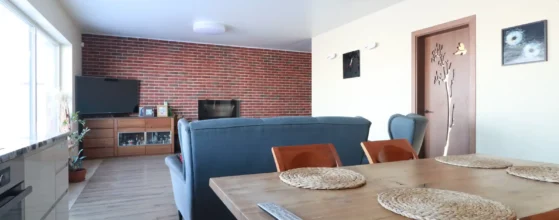 svetainė su skandinavišku židiniu ir aukštomis lubomis